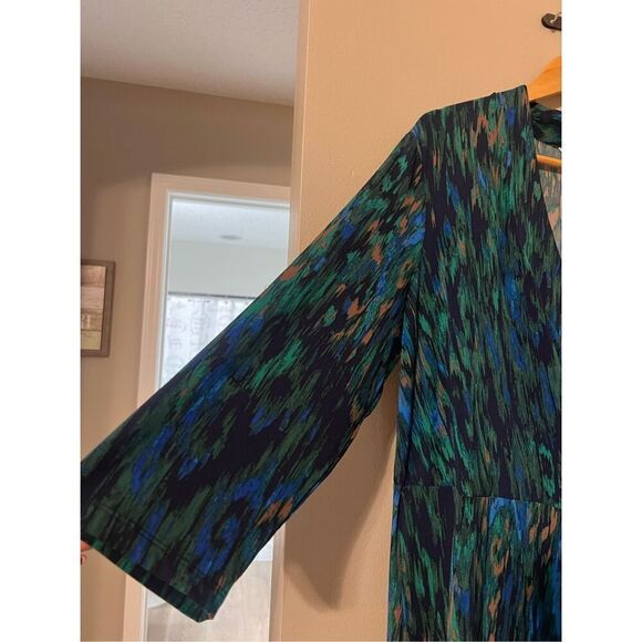 Liz Claiborne Size 2X Long Sleeve Faux Wrap Sheath Dress Blue Peacock Ikat Print - Picture 7 of 15